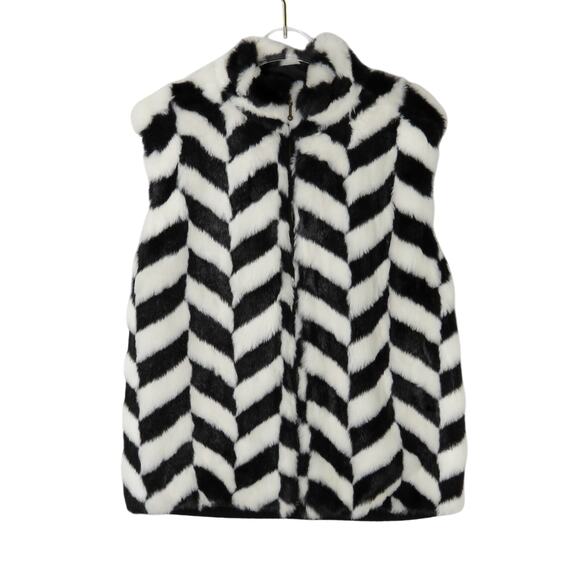 Kikit Vintage Vest Black & White Chevron Checkered Fuzzy Faux Fur Vest Medium - Picture 6 of 6